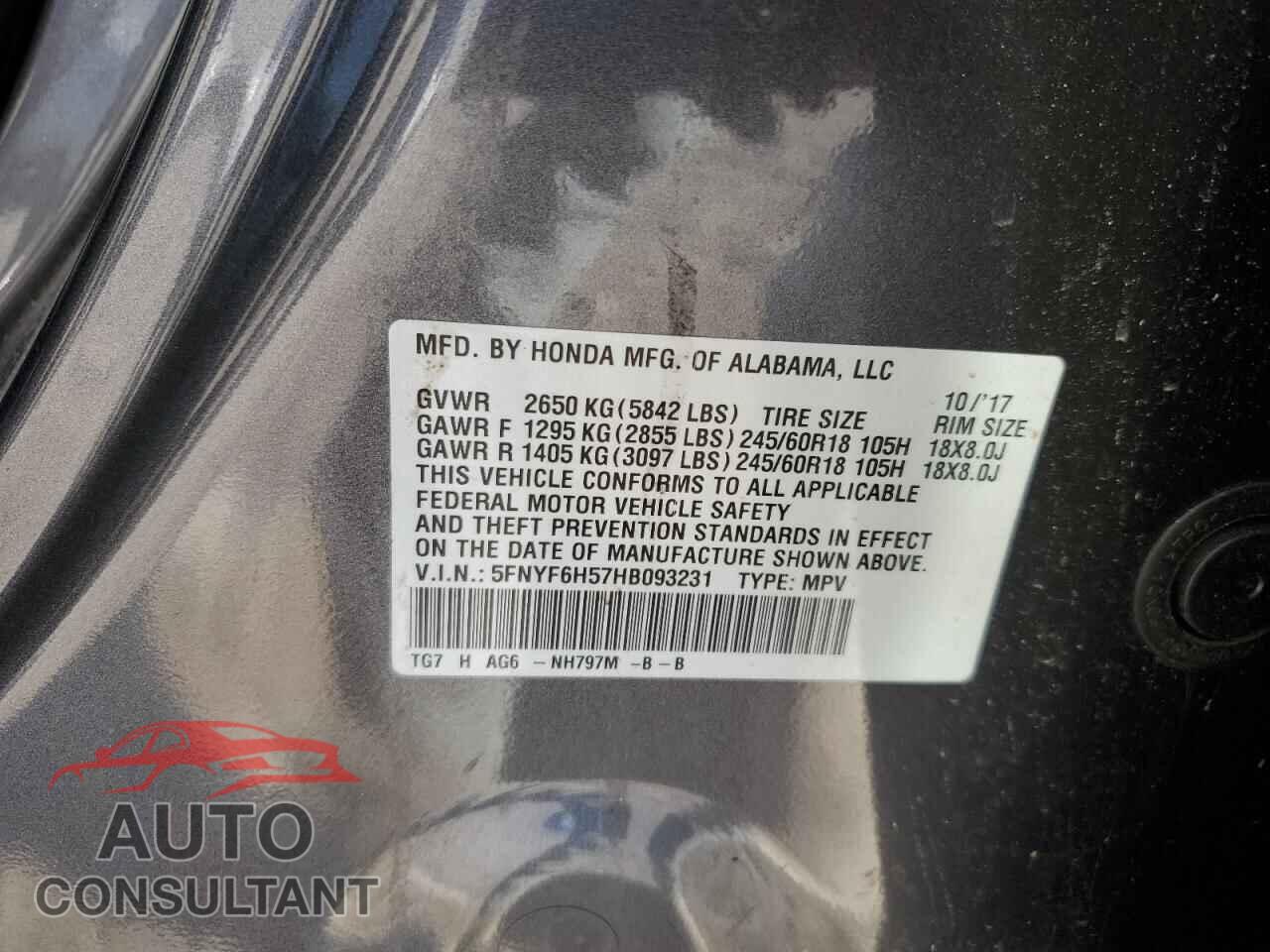 HONDA PILOT 2017 - 5FNYF6H57HB093231