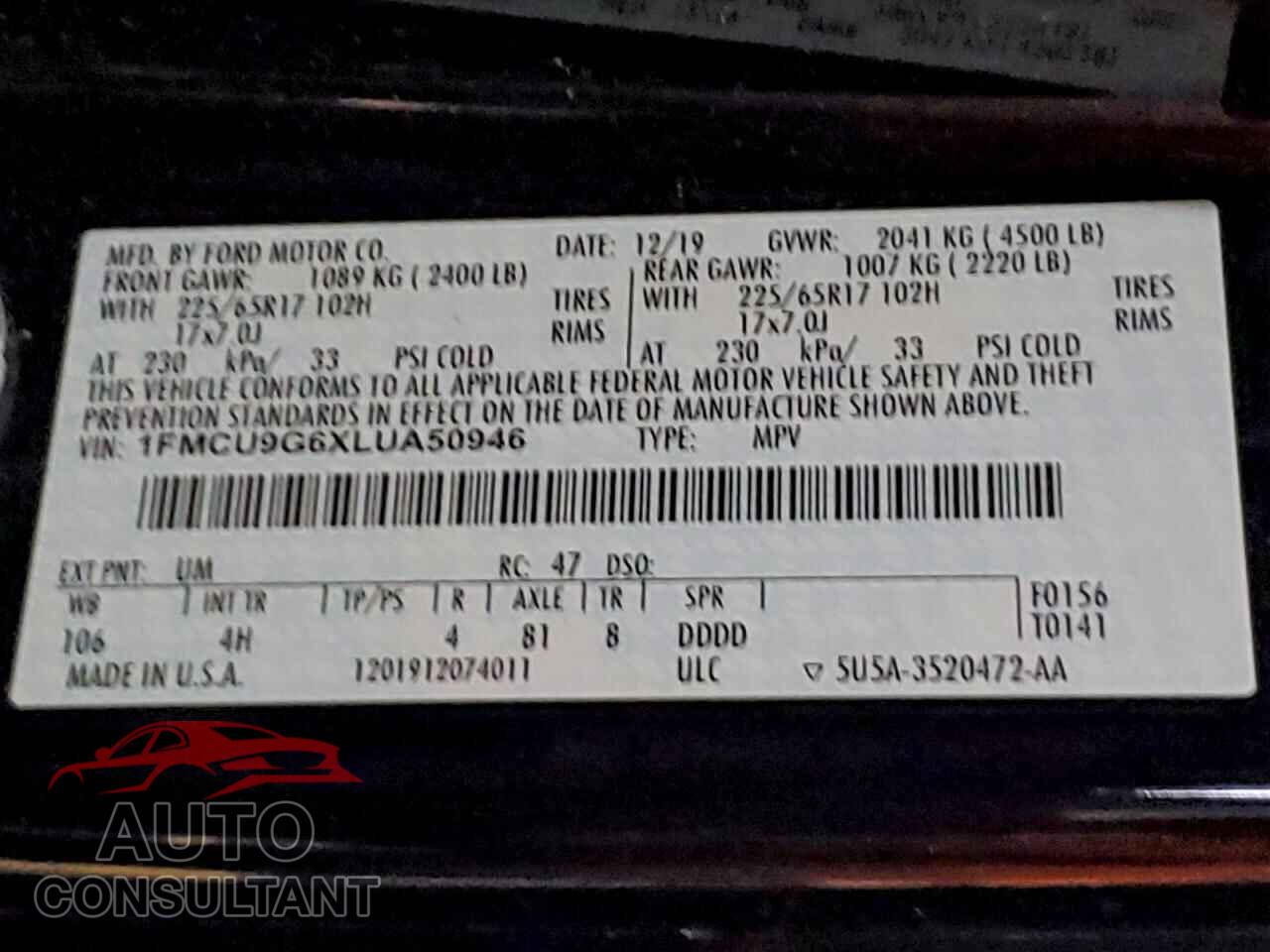 FORD ESCAPE 2020 - 1FMCU9G6XLUA50946
