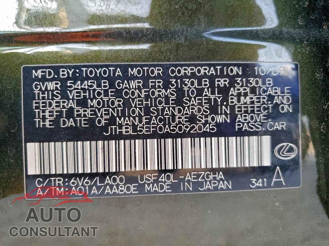 LEXUS LS460 2010 - JTHBL5EF0A5092045