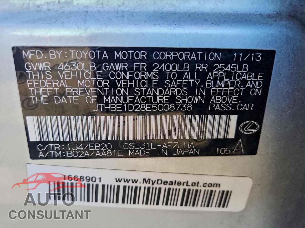 LEXUS IS 2014 - JTHBE1D28E5008738