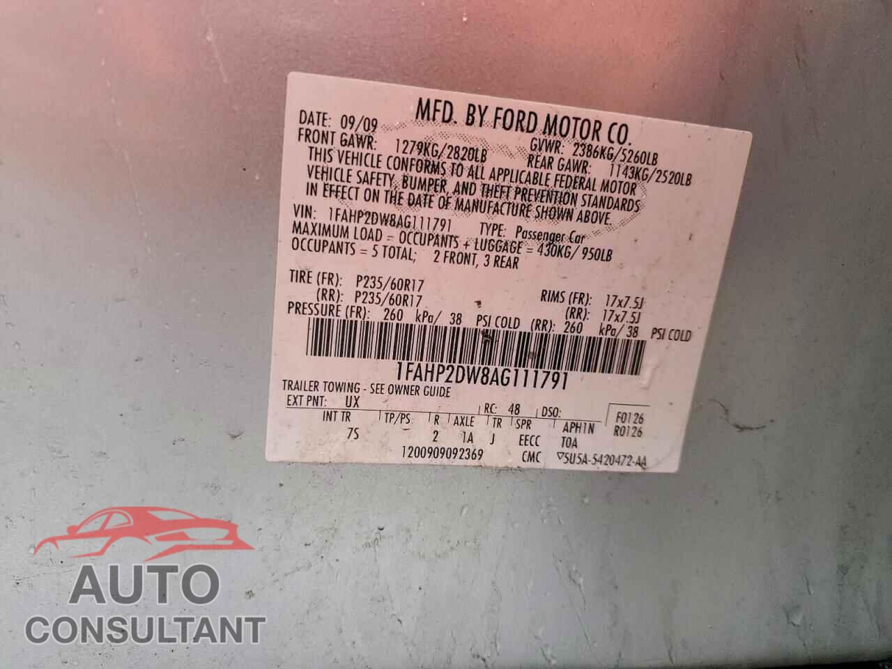 FORD TAURUS 2010 - 1FAHP2DW8AG111791