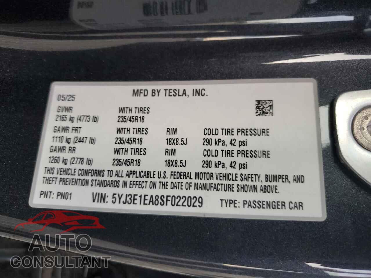 TESLA MODEL 3 2025 - 5YJ3E1EA8SF022029