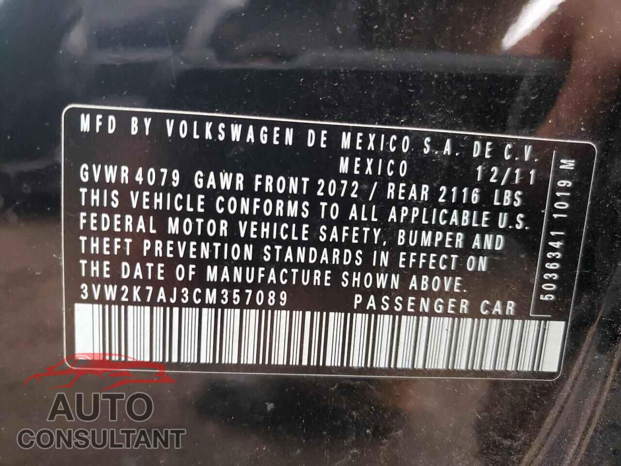 VOLKSWAGEN JETTA 2012 - 3VW2K7AJ3CM357089