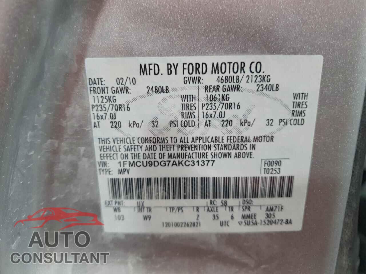 FORD ESCAPE 2010 - 1FMCU9DG7AKC31377