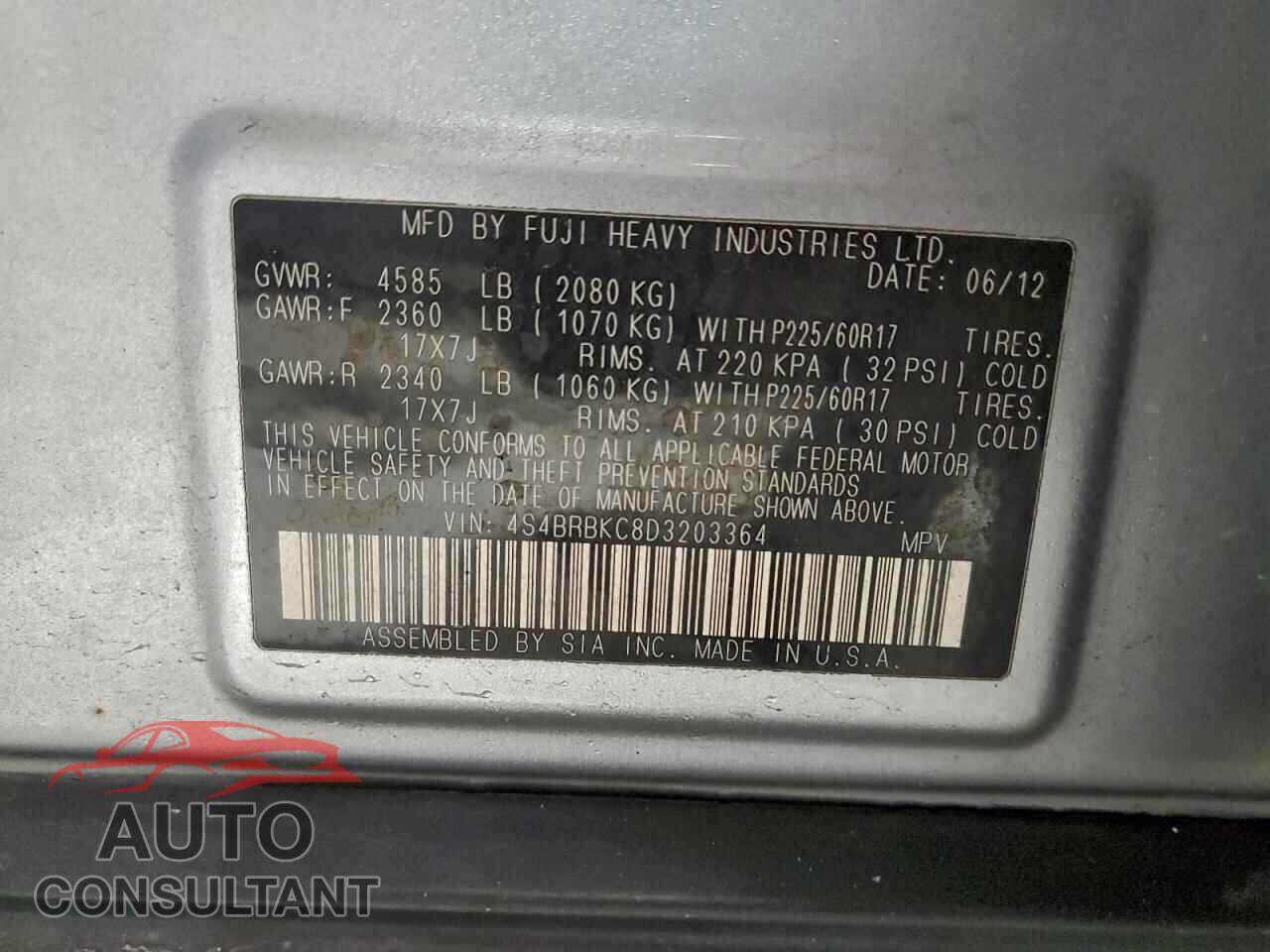SUBARU OUTBACK 2013 - 4S4BRBKC8D3203364