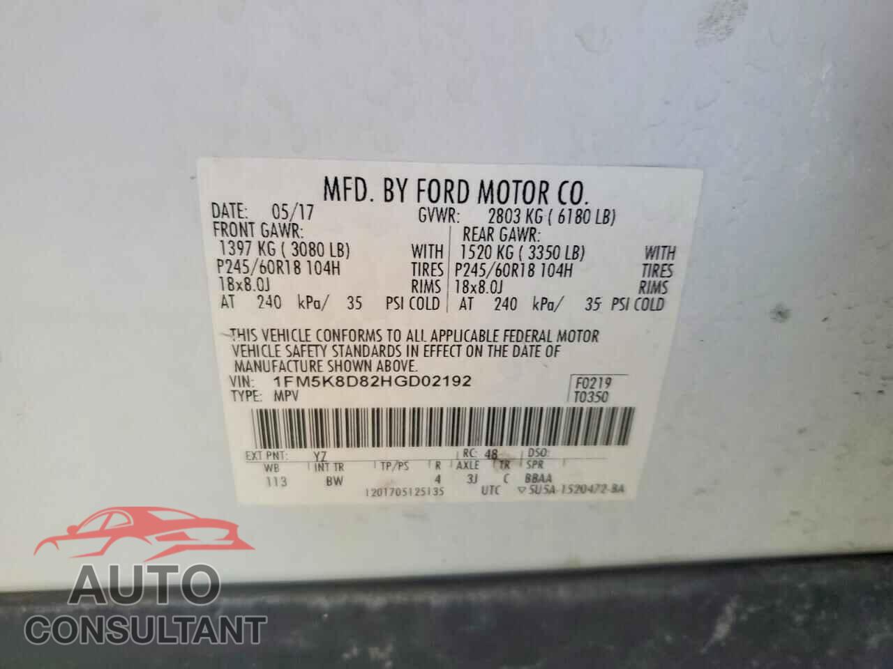 FORD EXPLORER 2017 - 1FM5K8D82HGD02192