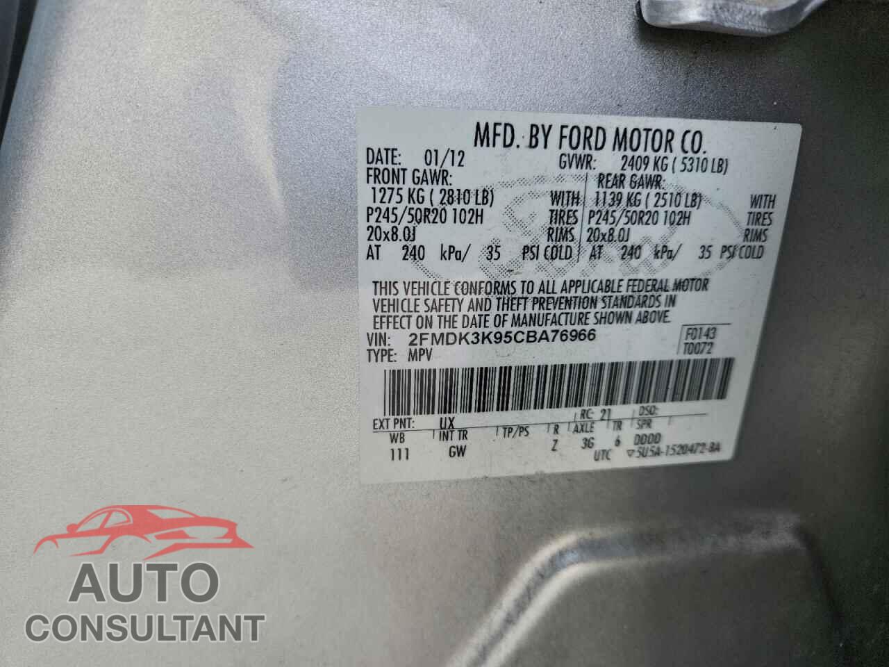 FORD EDGE 2012 - 2FMDK3K95CBA76966