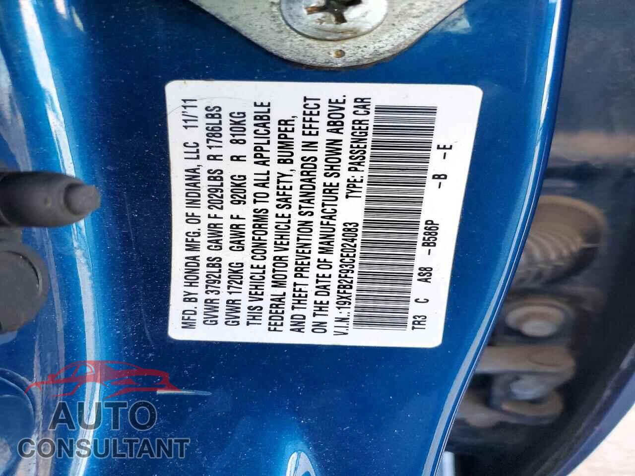HONDA CIVIC 2012 - 19XFB2F93CE024083