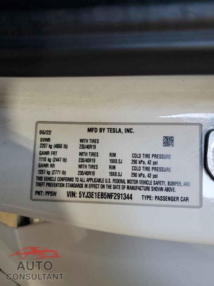 TESLA MODEL 3 2022 - 5YJ3E1EB5NF291344