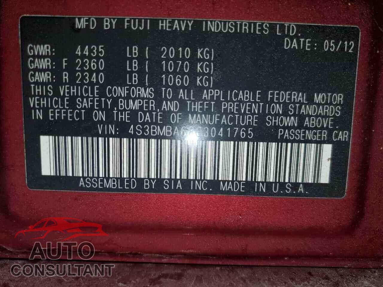 SUBARU LEGACY 2012 - 4S3BMBA68C3041765
