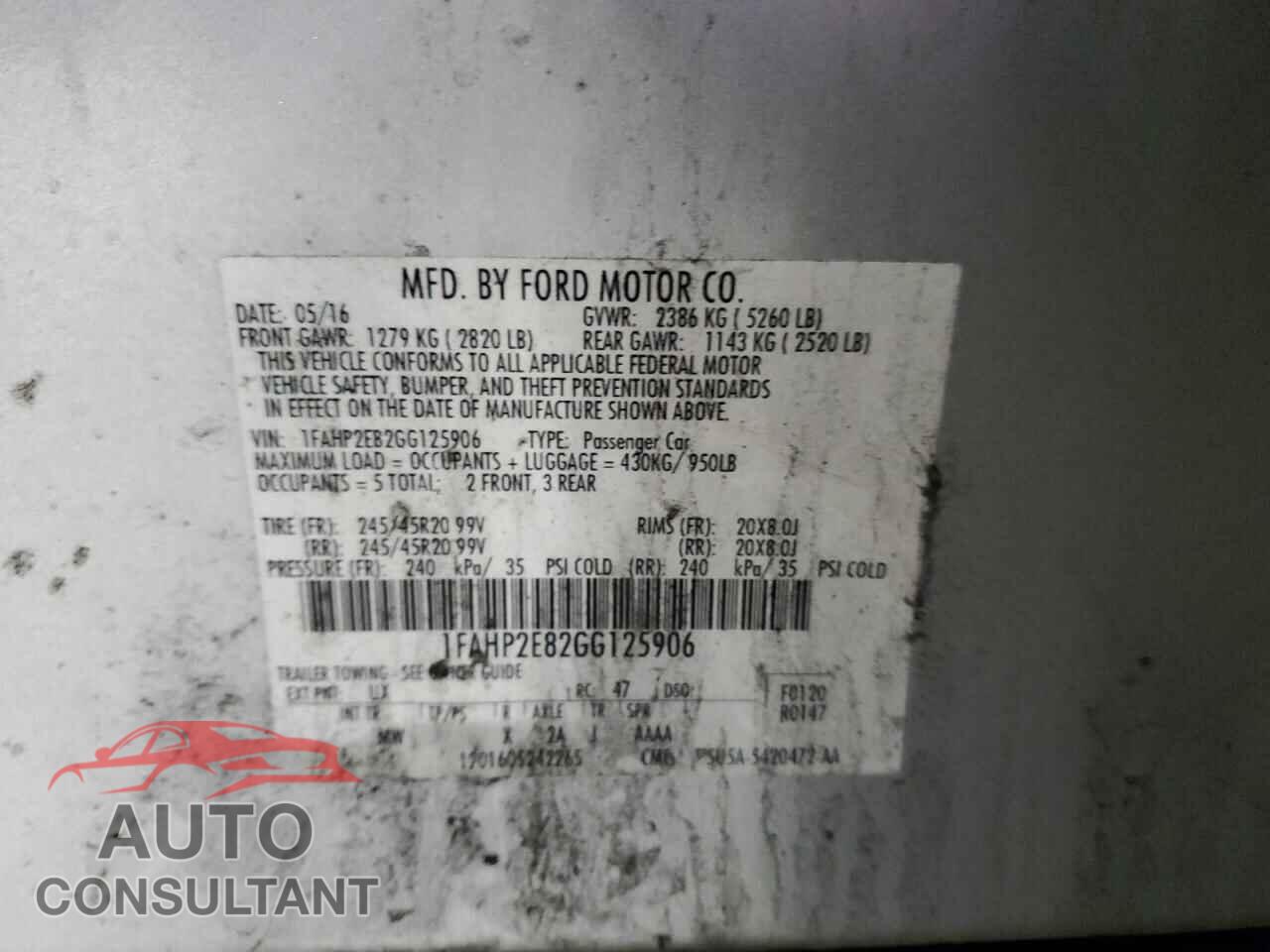 FORD TAURUS 2016 - 1FAHP2E82GG125906