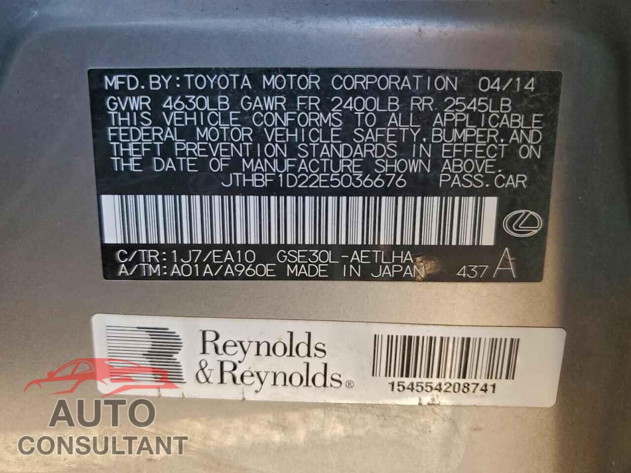 LEXUS IS 2014 - JTHBF1D22E5036676