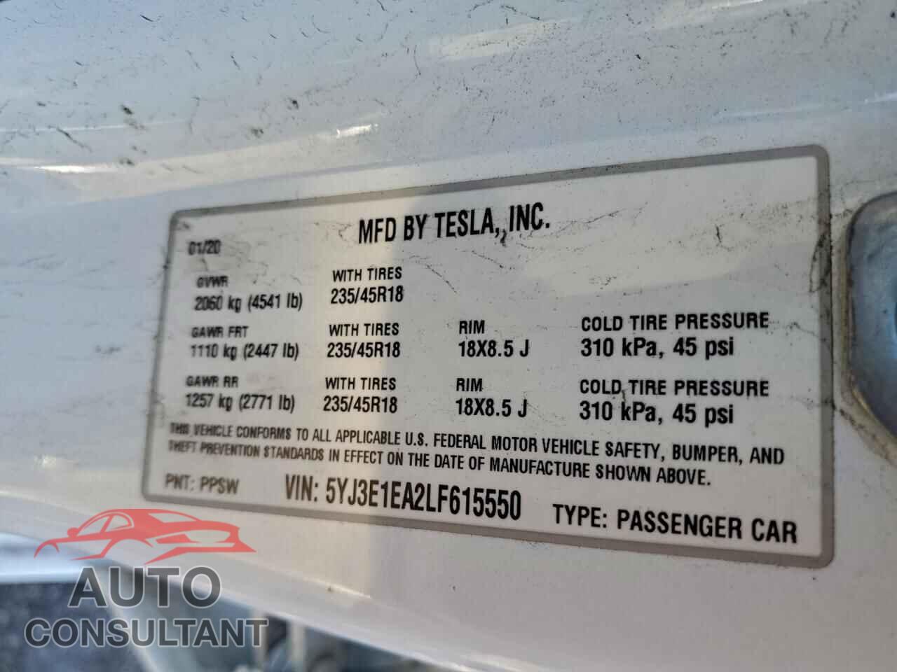 TESLA MODEL 3 2020 - 5YJ3E1EA2LF615550