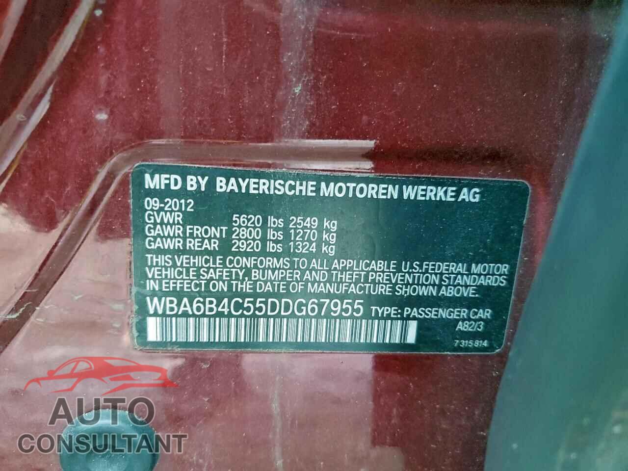 BMW 6 SERIES 2013 - WBA6B4C55DDG67955