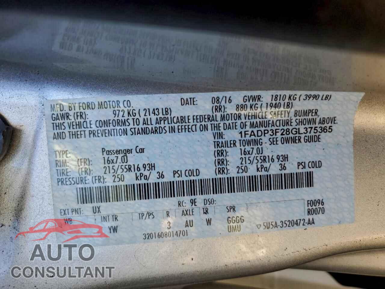 FORD FOCUS 2016 - 1FADP3F28GL375365