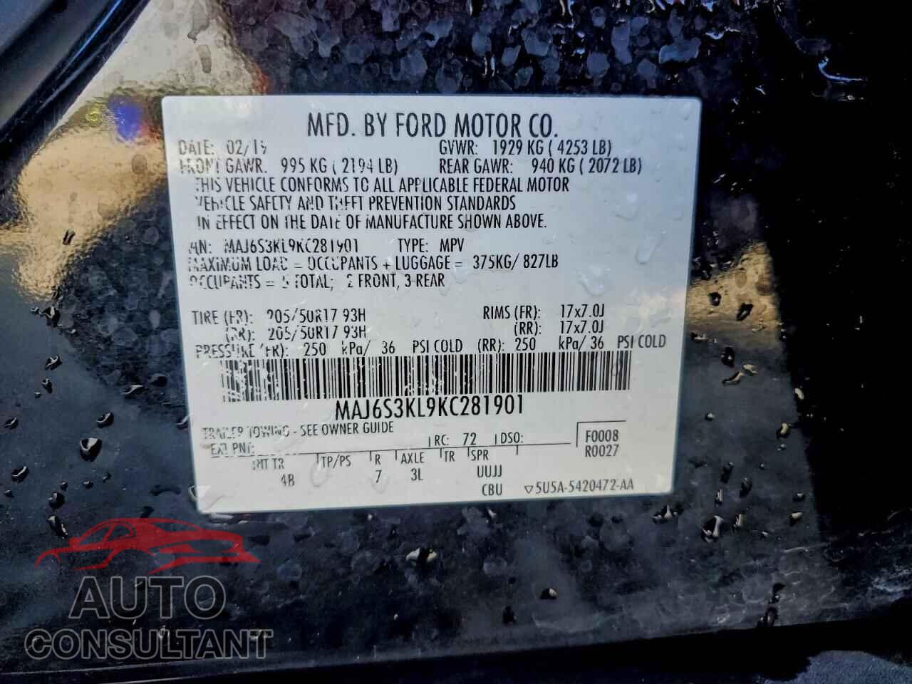 FORD ECOSPORT 2019 - MAJ6S3KL9KC281901