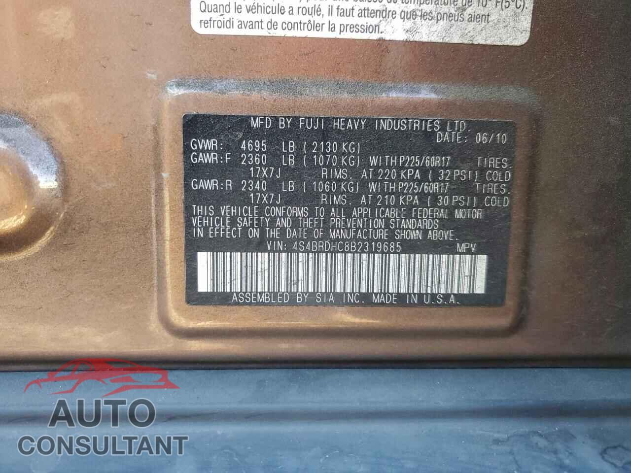 SUBARU OUTBACK 2011 - 4S4BRDHC8B2319685