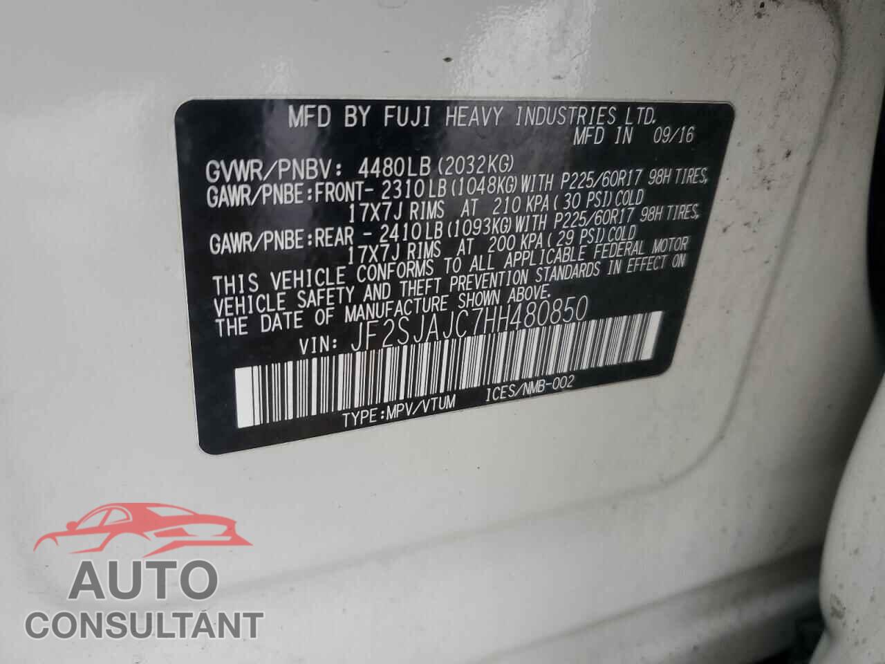 SUBARU FORESTER 2017 - JF2SJAJC7HH480850