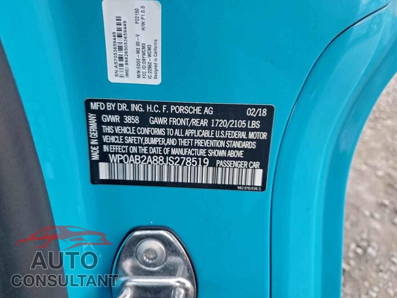 PORSCHE CAYMAN 2018 - WP0AB2A88JS278519
