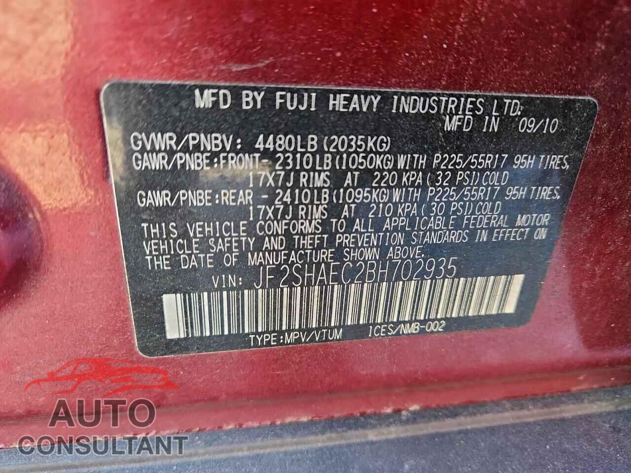 SUBARU FORESTER 2011 - JF2SHAEC2BH702935