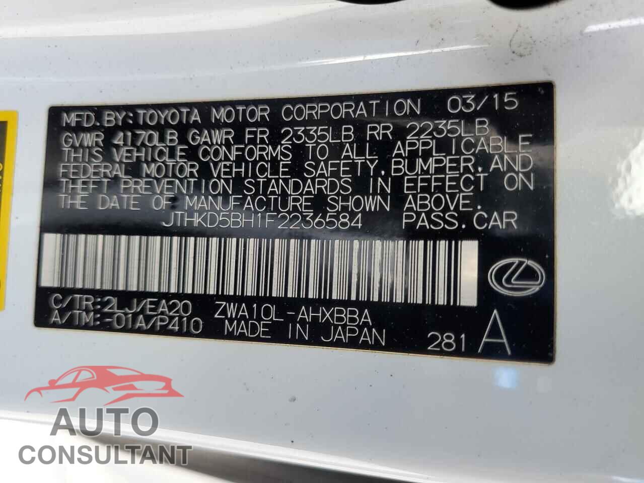 LEXUS CT 200 2015 - JTHKD5BH1F2236584