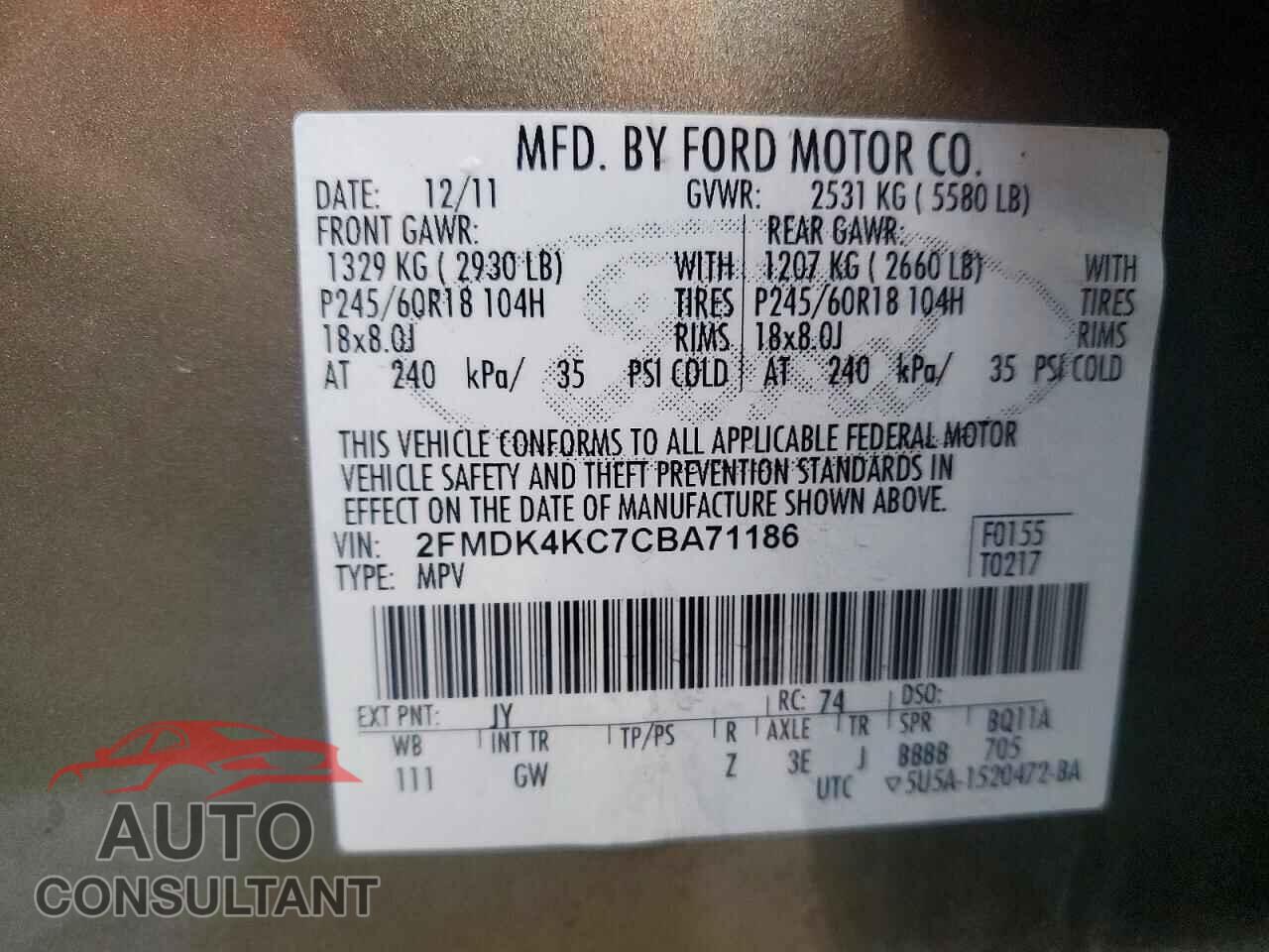 FORD EDGE 2012 - 2FMDK4KC7CBA71186
