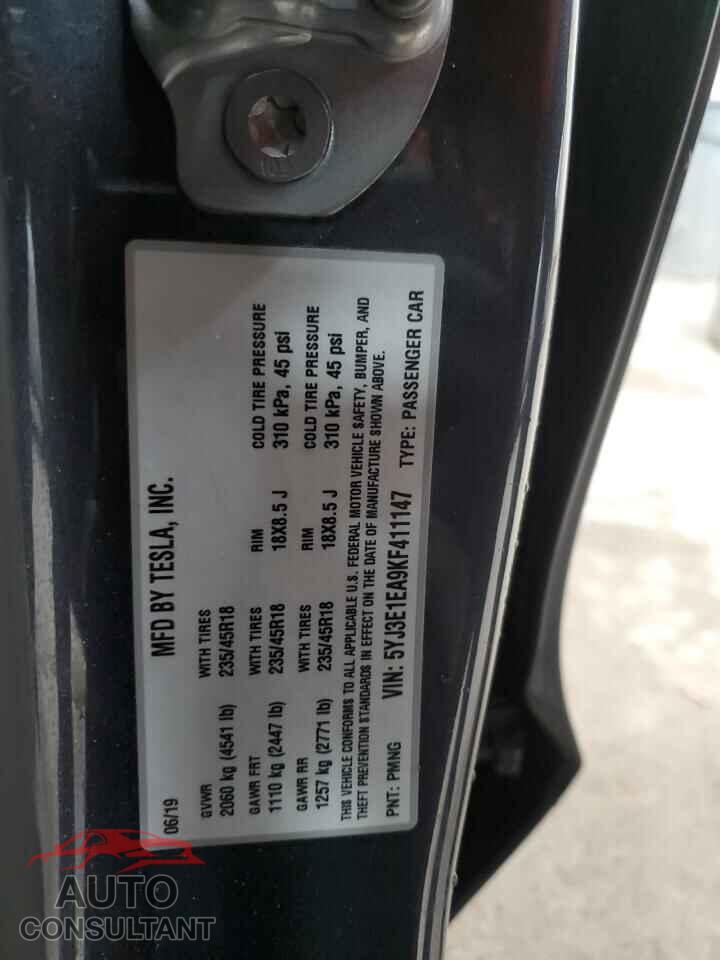 TESLA MODEL 3 2019 - 5YJ3E1EA9KF411147