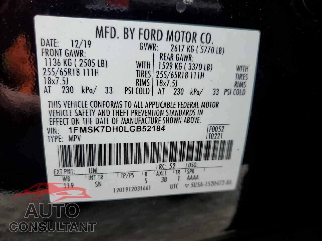 FORD EXPLORER 2020 - 1FMSK7DH0LGB52184