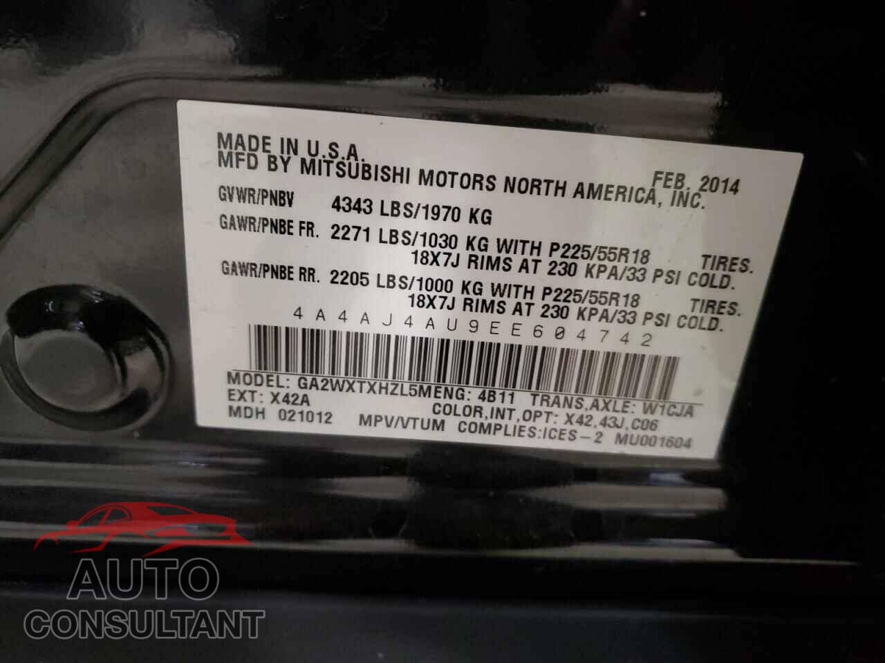 MITSUBISHI OUTLANDER 2014 - 4A4AJ4AU9EE604742