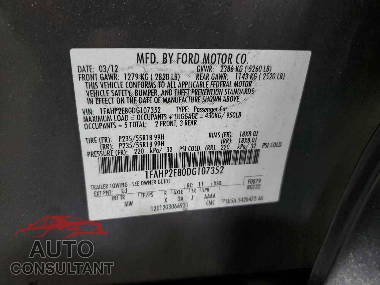 FORD TAURUS 2013 - 1FAHP2E80DG107352