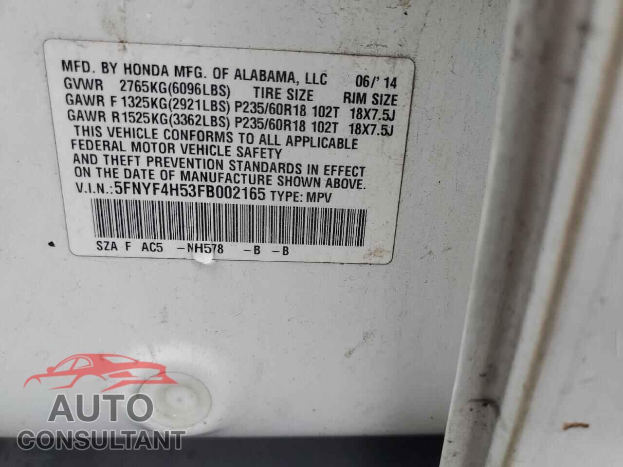 HONDA PILOT 2015 - 5FNYF4H53FB002165