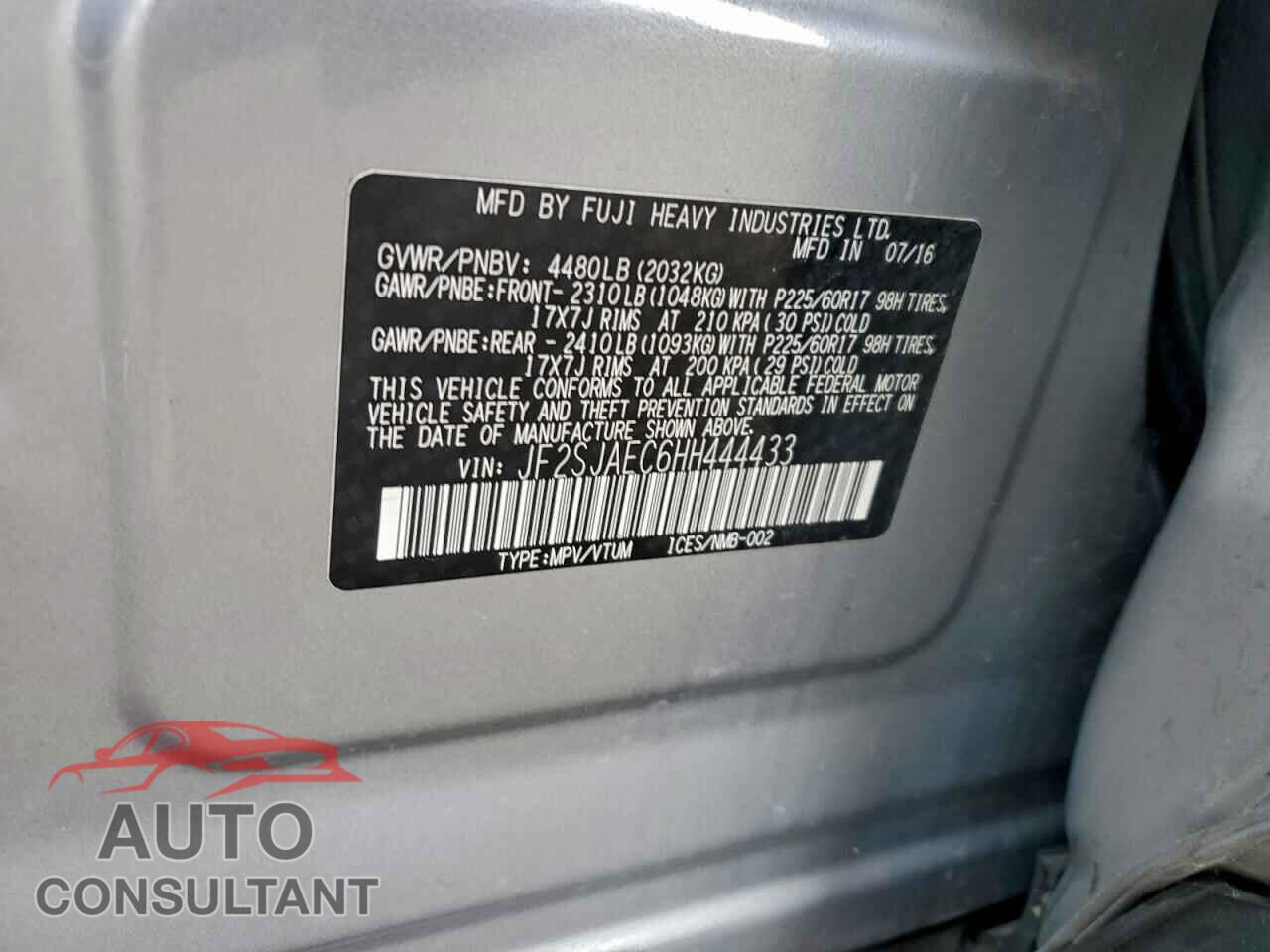 SUBARU FORESTER 2017 - JF2SJAEC6HH444433