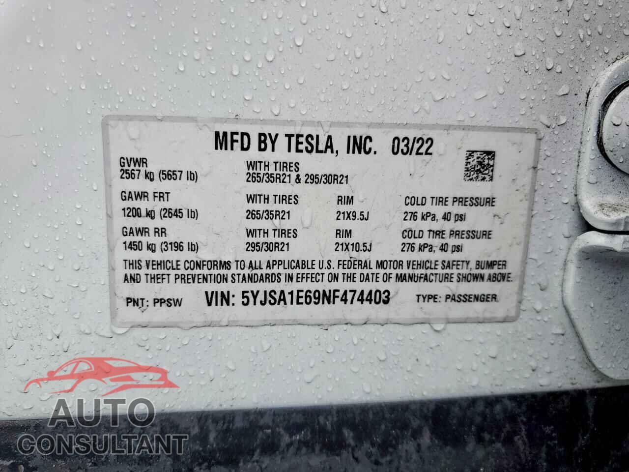 TESLA MODEL S 2022 - 5YJSA1E69NF474403
