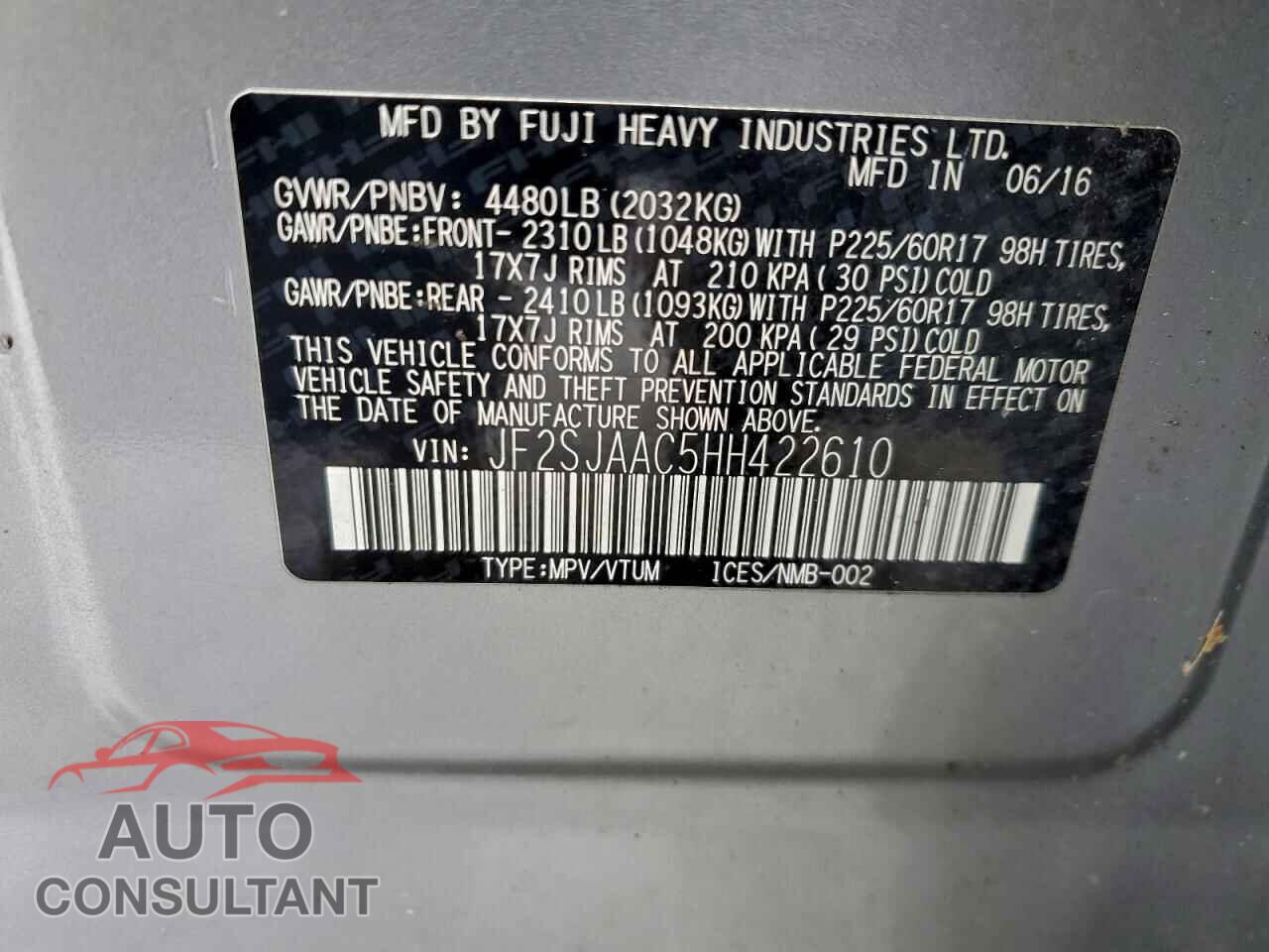 SUBARU FORESTER 2017 - JF2SJAAC5HH422610