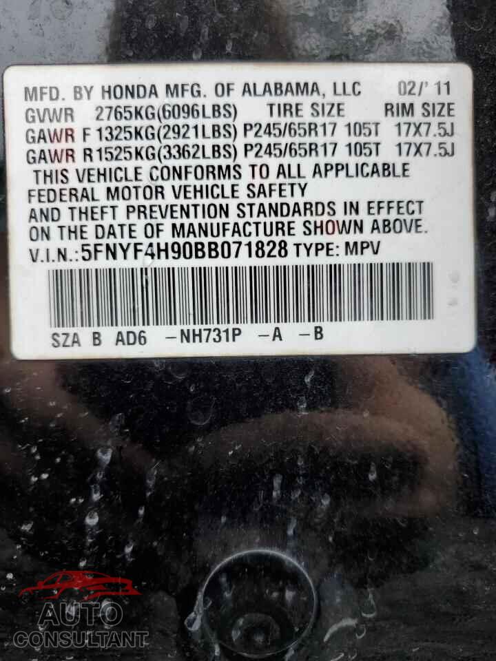 HONDA PILOT 2011 - 5FNYF4H90BB071828