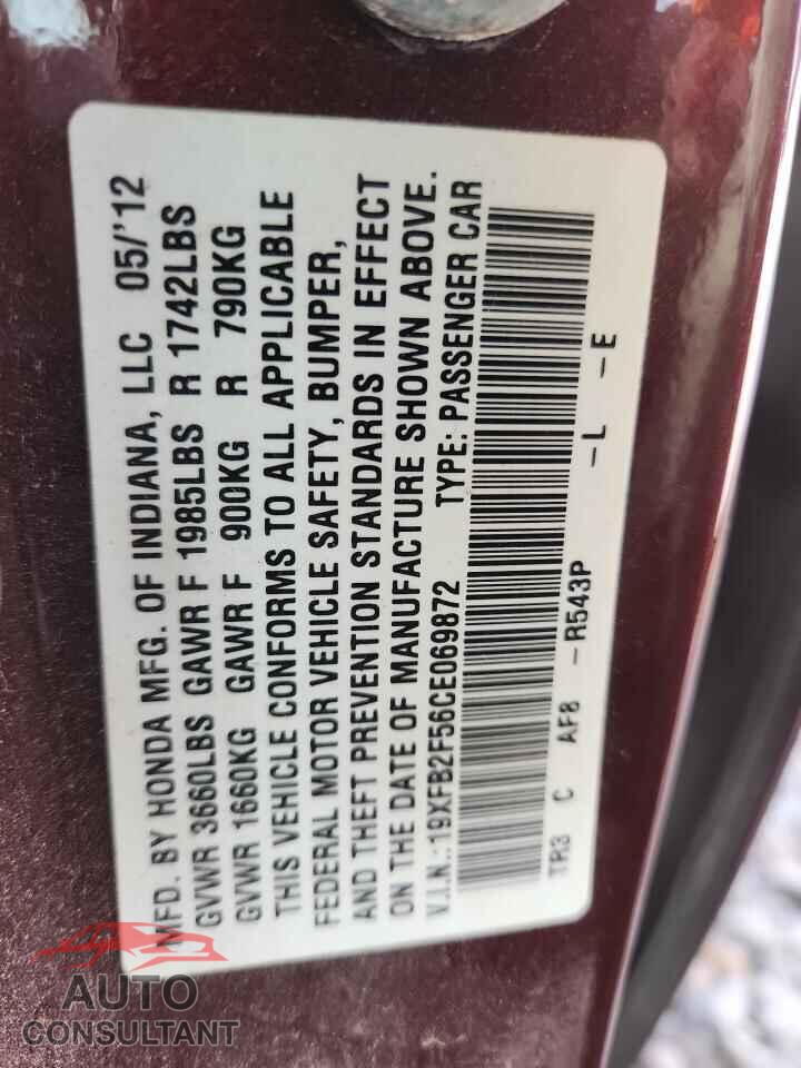 HONDA CIVIC 2012 - 19XFB2F56CE069872