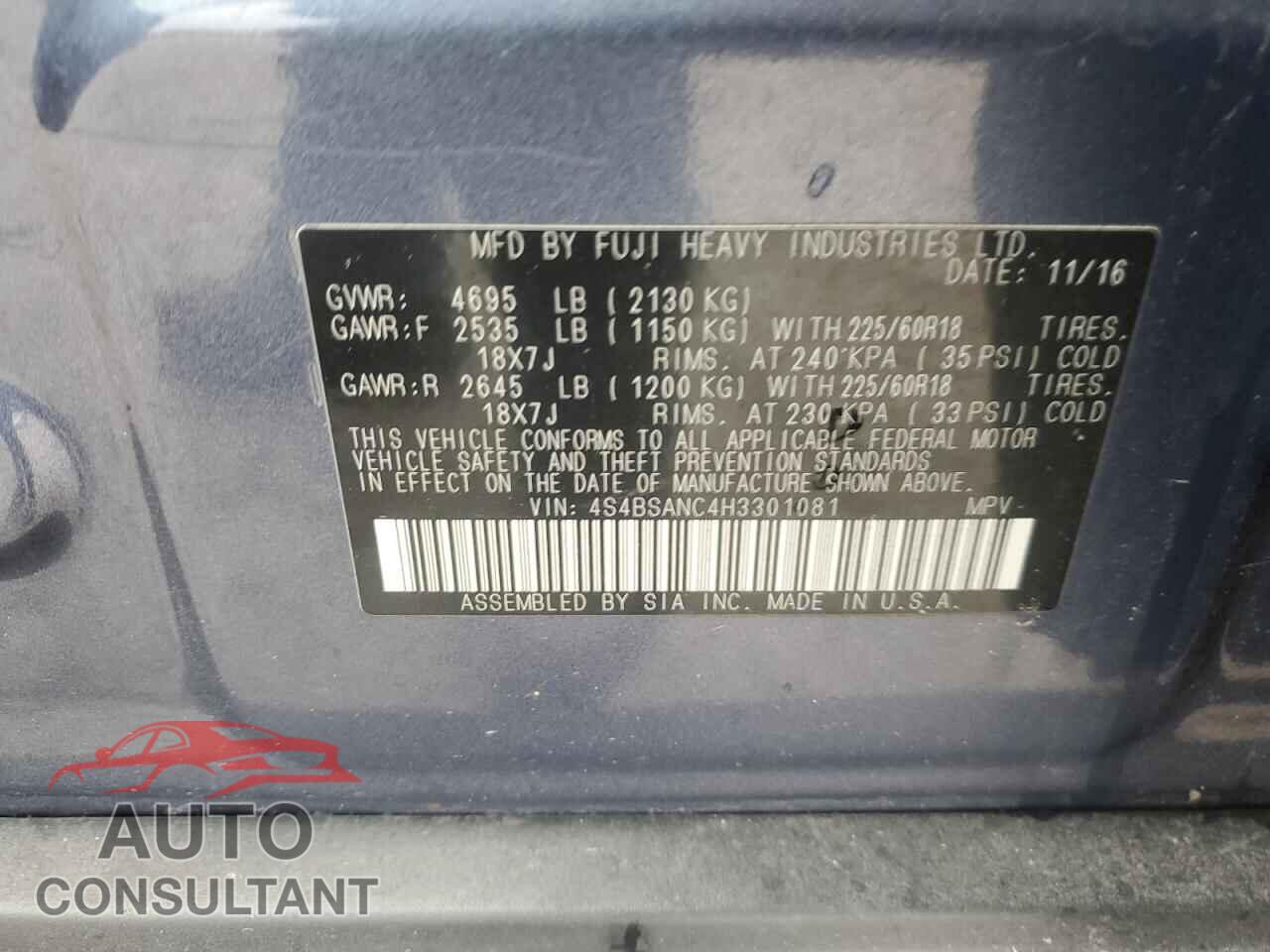 SUBARU OUTBACK 2017 - 4S4BSANC4H3301081