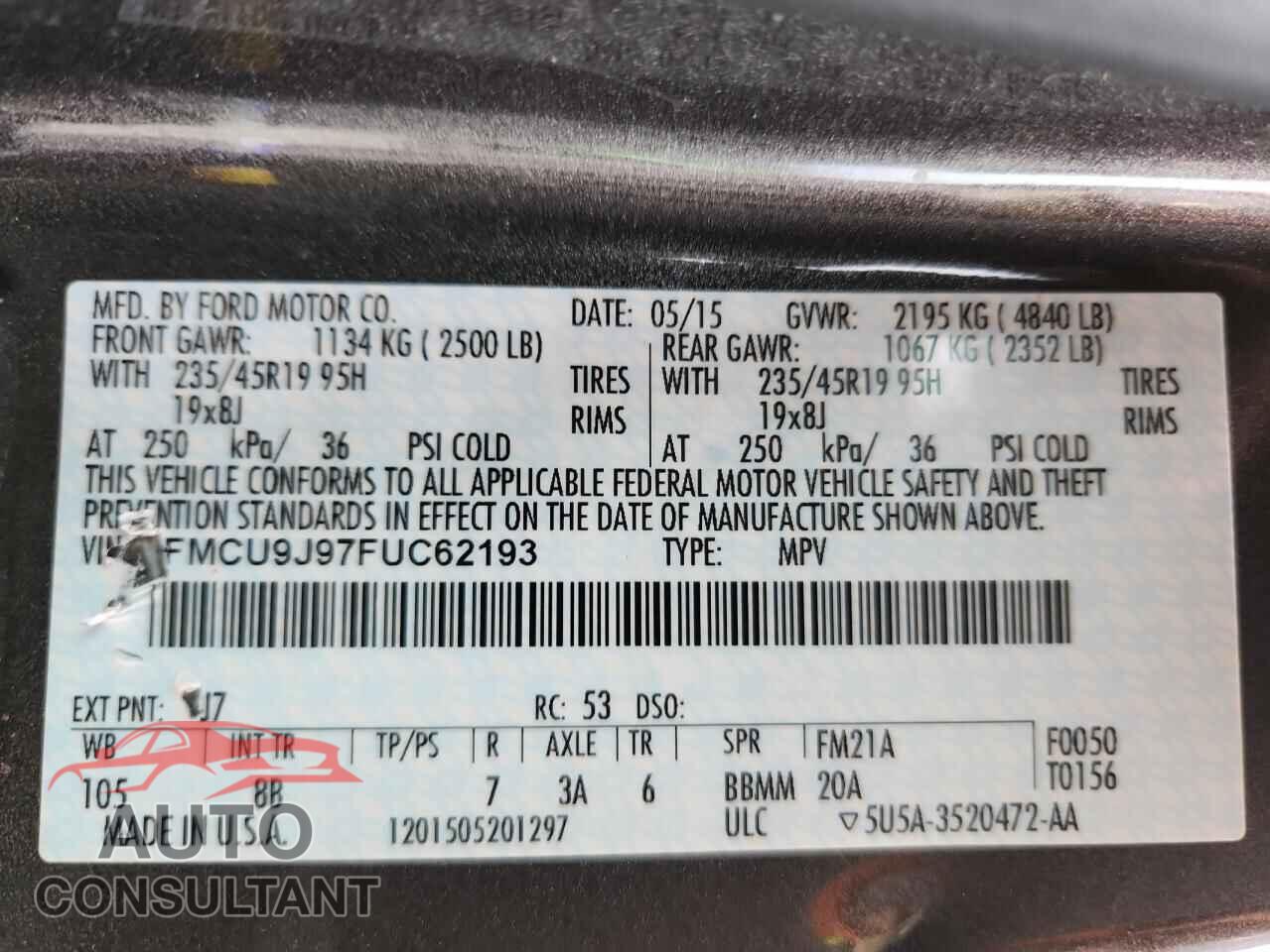 FORD ESCAPE 2015 - 1FMCU9J97FUC62193