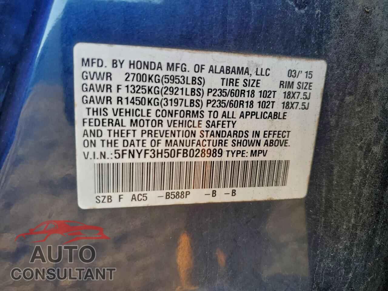 HONDA PILOT 2015 - 5FNYF3H50FB028989