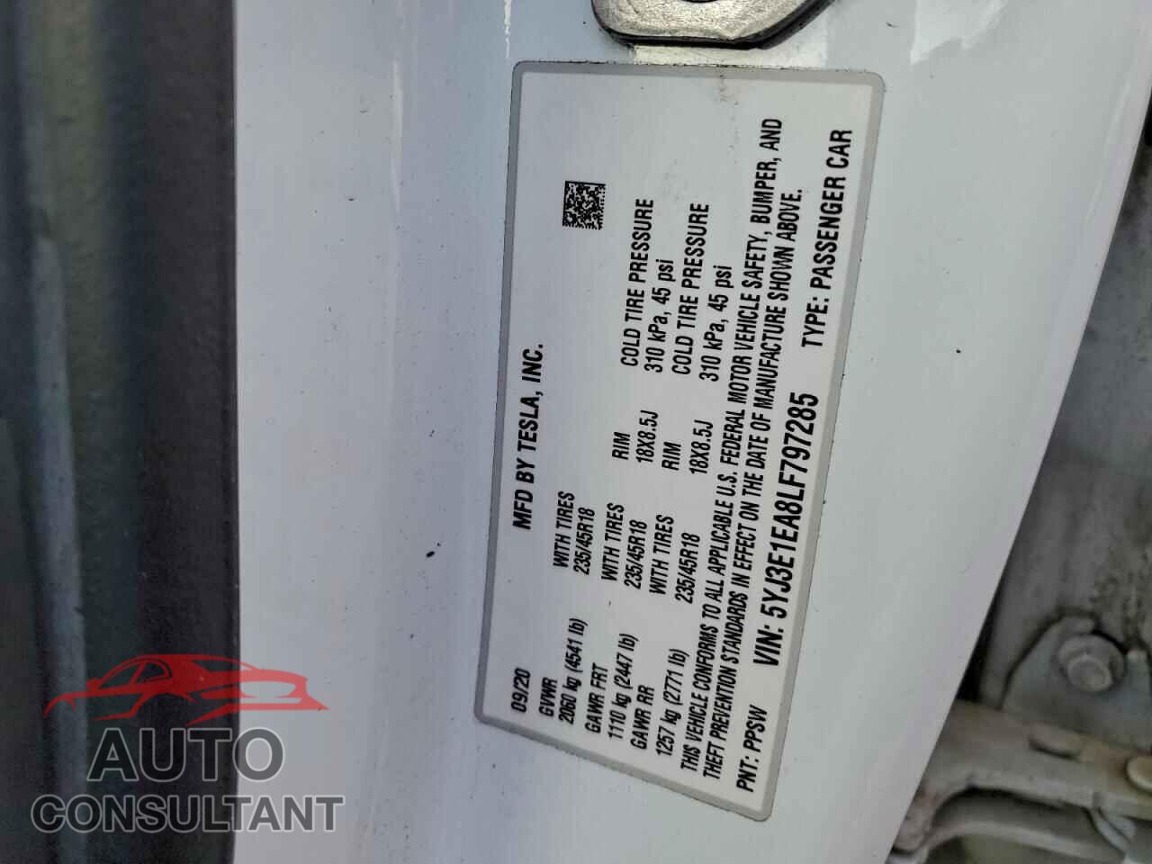 TESLA MODEL 3 2020 - 5YJ3E1EA8LF797285