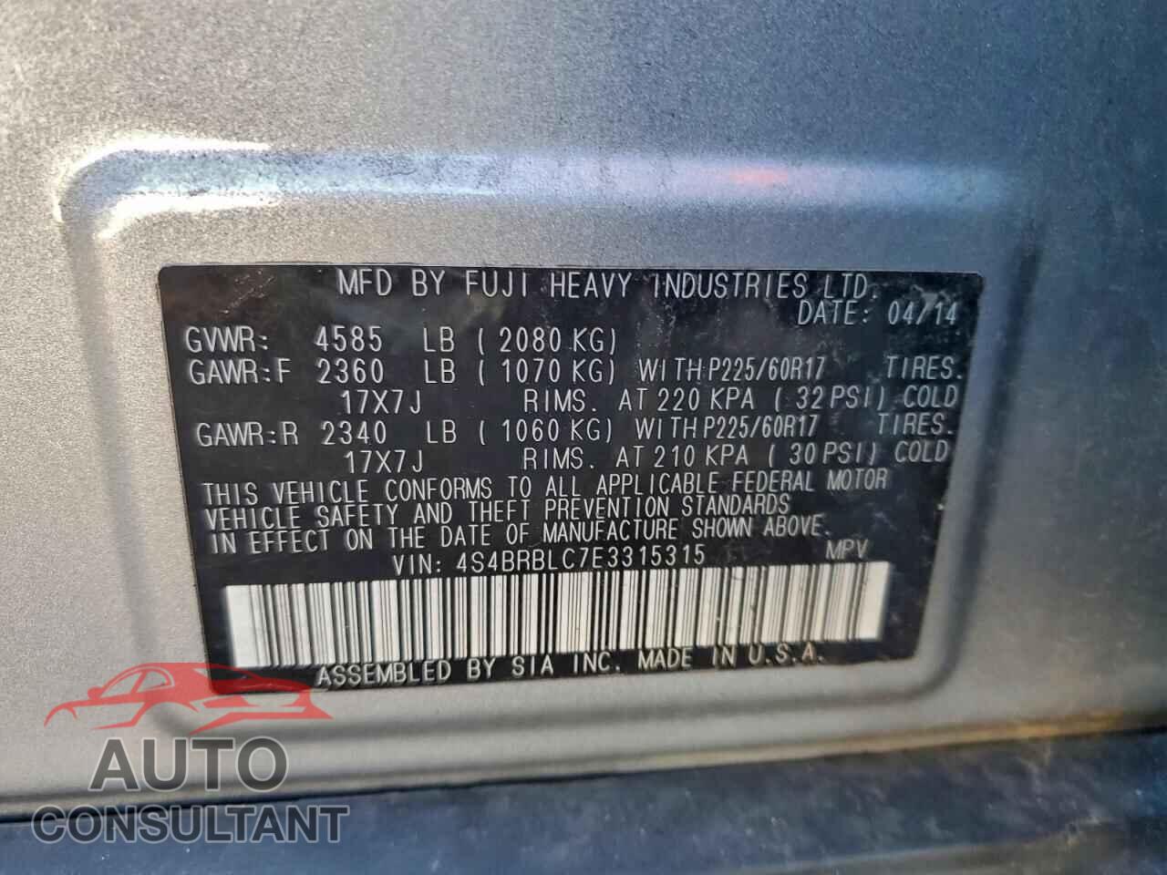 SUBARU OUTBACK 2014 - 4S4BRBLC7E3315315