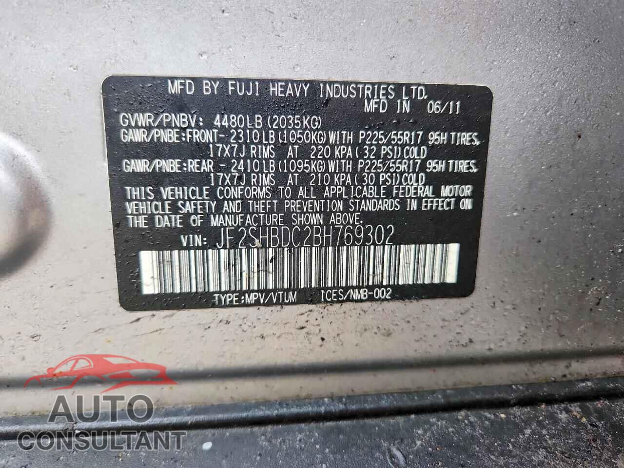 SUBARU FORESTER 2011 - JF2SHBDC2BH769302
