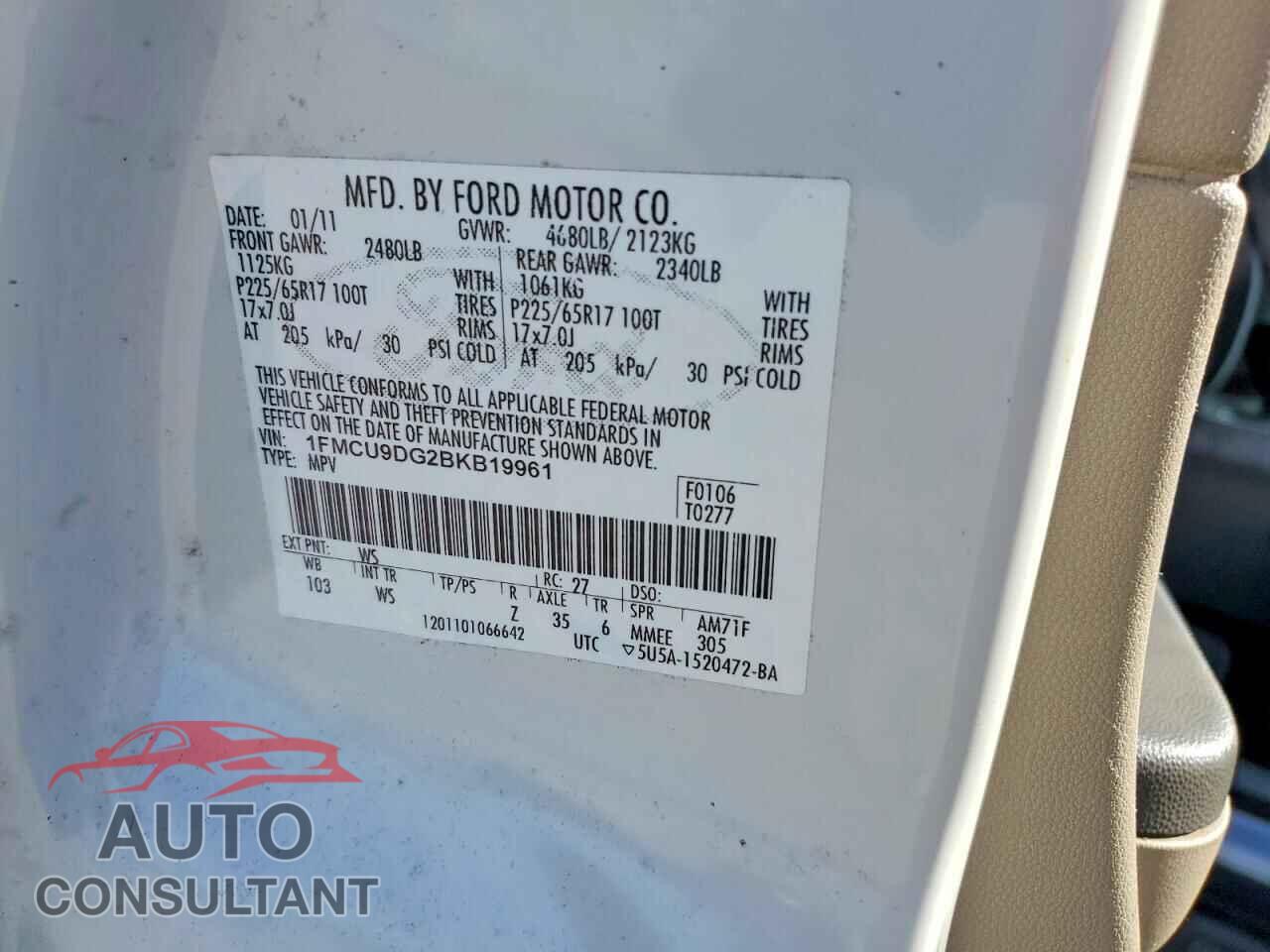 FORD ESCAPE 2011 - 1FMCU9DG2BKB19961