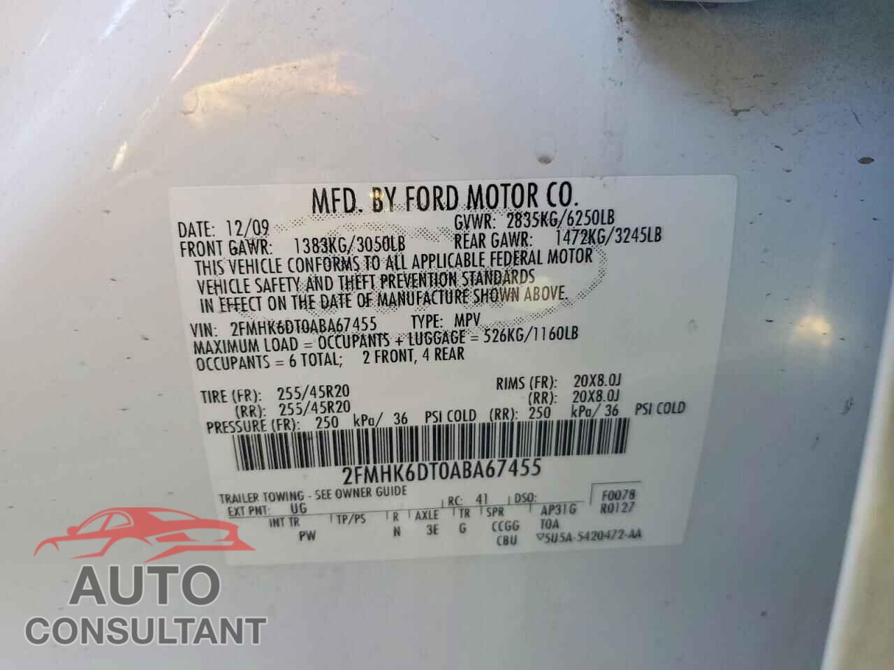 FORD FLEX 2010 - 2FMHK6DT0ABA67455