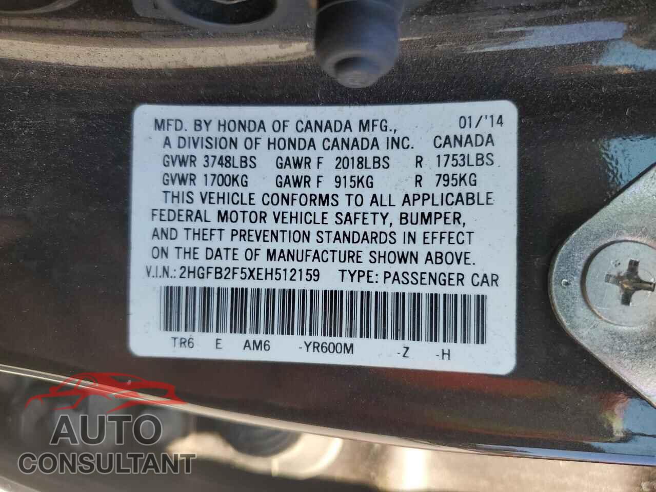 HONDA CIVIC 2014 - 2HGFB2F5XEH512159