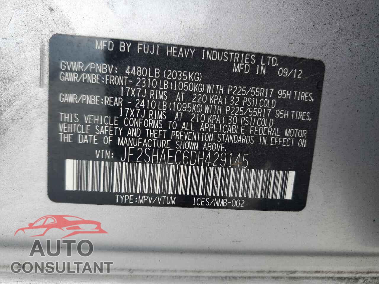 SUBARU FORESTER 2013 - JF2SHAEC6DH429145