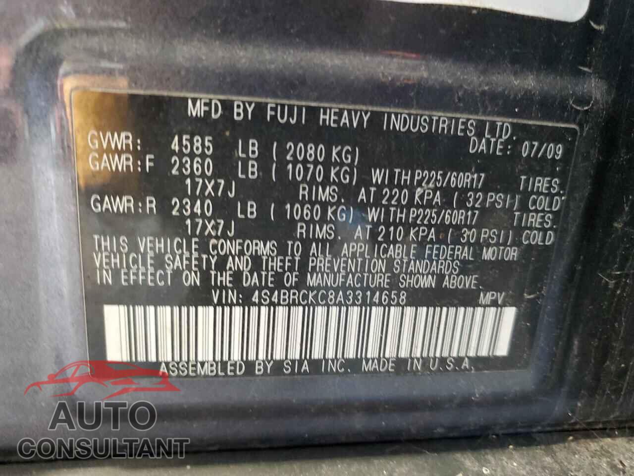 SUBARU OUTBACK 2010 - 4S4BRCKC8A3314658