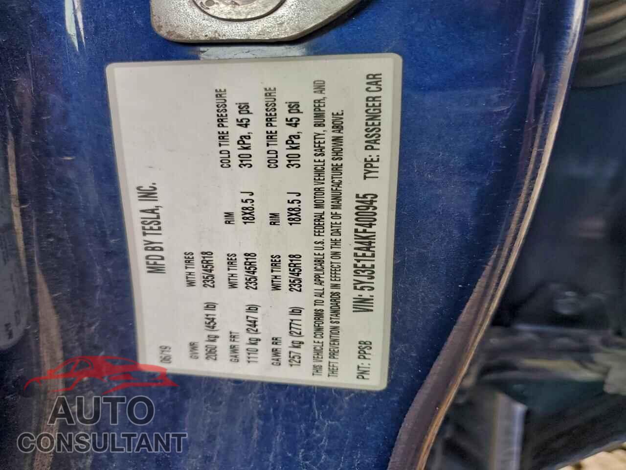 TESLA MODEL 3 2019 - 5YJ3E1EA4KF400945
