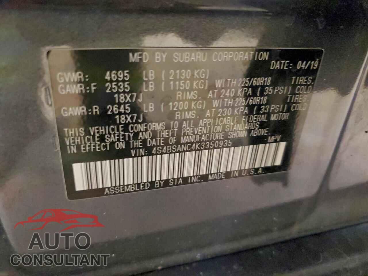 SUBARU OUTBACK 2019 - 4S4BSANC4K3350935