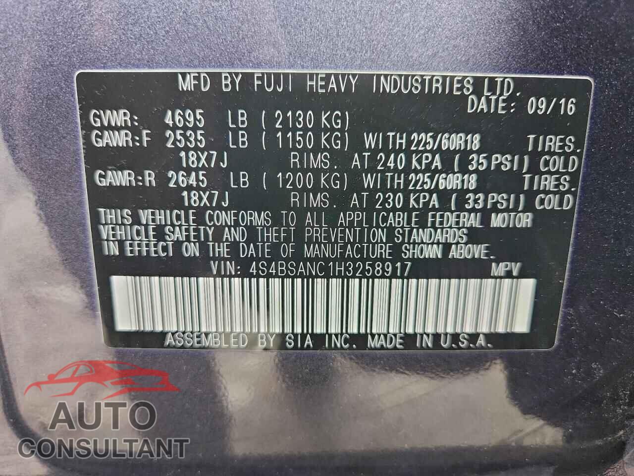 SUBARU OUTBACK 2017 - 4S4BSANC1H3258917